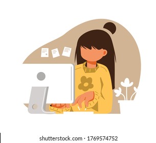 Freelancer working at computer, working remotely and online job. online studying. Vector illustration character