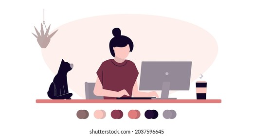 Freelancer working at computer. Woman sits at desktop and works. Concept of remote work and freelance. Cat sitting on table. Home office. Workplace interior design. Color pallet. Vector illustration