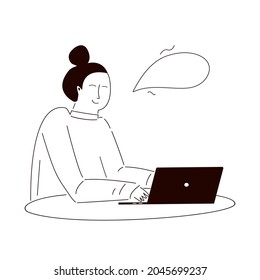 Freelancer working at computer. Woman sits at desktop and works. Concept of remote work and freelance. Home office. Cozy workplace and workspace. Line art, doodle and hand drawn. Vector illustration