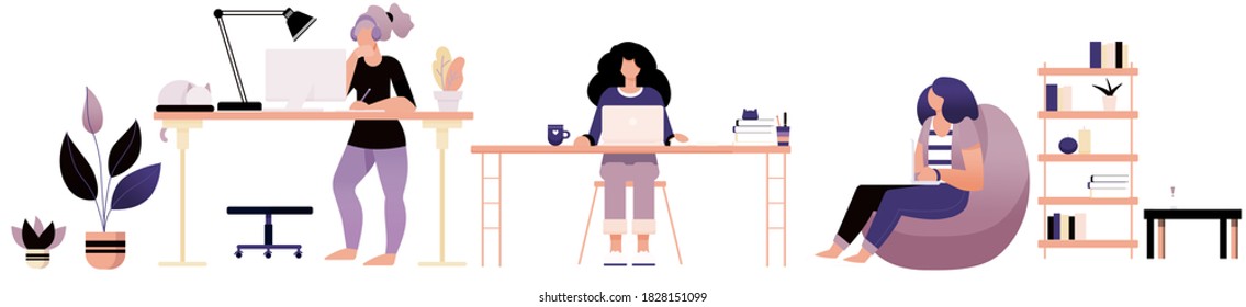 Freelancer working at coworking office. Flat style cartoon faceless character. Lifestyle, creativity concept. Minimal vector illustration.