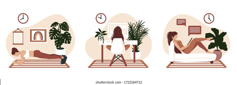 Freelancer working day at home. Work at home concept design.  Freelance woman working on PC, making fitness, communicate online. Vector. 