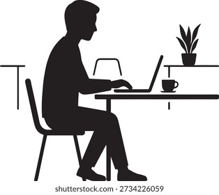 Freelancer trabalhando na mesa com laptop e silhueta vetorial de café. Homem sentado no espaço de trabalho moderno com planta. Home office ou conceito de startup isolado.