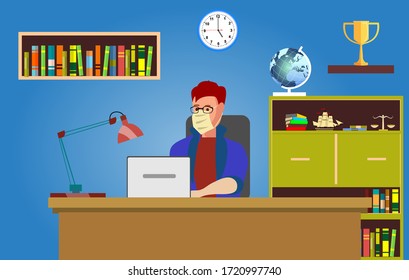 Freelancer is working at his laptop. Freelancer, Home interior with home iterrior icons on the background. Vector illustration.