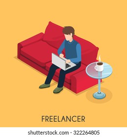 Freelancer Working At Home In 3d Isometric Flat Design