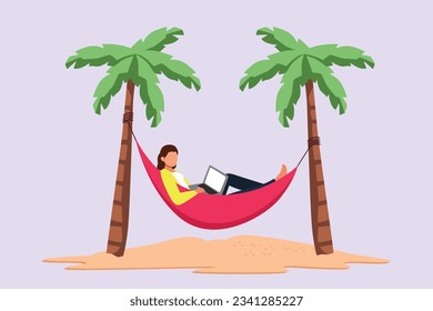 Freelancer working from home or beach at relaxed pace, convenient workplace concept. Colored flat vector illustration isolated. 