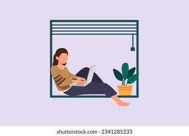Freelancer working from home or beach at relaxed pace, convenient workplace concept. Colored flat vector illustration isolated. 