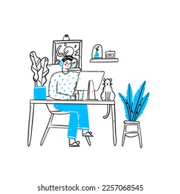  A freelancer working at home with cat. Creative landing web page design template banner. Freelance and teleworking concept.Collection of man use computer at comfortable workplace 