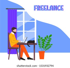 A freelancer working at home with cat flat style vector concept illustration. Bearded man freelancer working on laptop near window. 