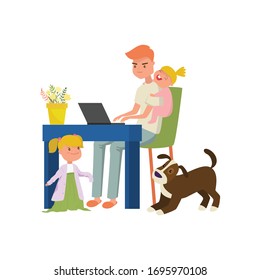 Freelancer working at home in comfortable conditions. Man trying to work, children and dog prevent their father to work. Vector illustration, isolated on white background. Work in family with pets.