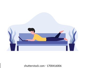 freelancer working from home, concept illustration, young man working on laptop at bed room, looking at screen, front view, flat style illustration.