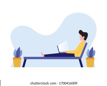 freelancer working from home, concept illustration, young man working on laptop, looking at screen, front view, flat style illustration.