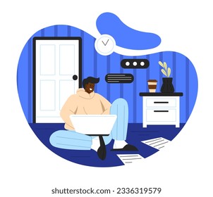 Trabajador independiente trabajando en el concepto de casa. El hombre con portátil se sienta en el apartamento y gana dinero. Trabajador y trabajador remoto. Ganancias en línea. Educación o redes sociales. Dibujo vectorial plano de dibujos animados
