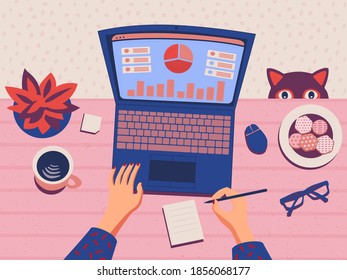 Freelancer working from home. Data Analysis. Cartoon Flat Vector illustration. Remote work and self employed. Female hands typing on the laptop.