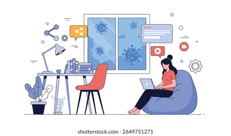 Freelancer working from home during a global pandemic with virus symbols visible through the window illustrating the current health crisis affecting the world economy