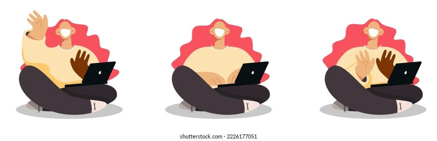 freelancer working from home, feedback, computer work, internet communication, character pose sitting on the floor
