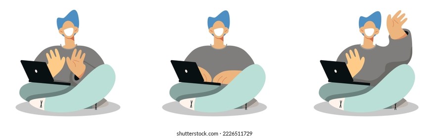 freelancer working from home, feedback, computer work, internet communication, character pose sitting on the floor