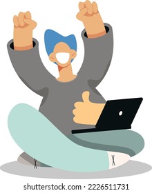 freelancer working from home, feedback, computer work, internet communication, character pose sitting on the floor