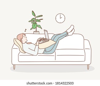 Freelancer working at home with laptop computer on cozy sofa. Hand drawn style vector design illustrations.