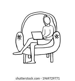 Freelancer working at home with laptop computer on cozy armchair. Hand drawn style vector design illustrations.