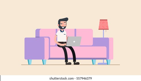 freelancer working at home with laptop computer on cozy sofa. Flat. Vetor.