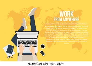 Freelancer is working at home with laptop, top view. Concept of remote working and work from anywhere. Man is typing on the laptop and sitting on the floor. Vector