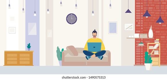 Freelancer Working at Home, Man Sitting on Sofa, Using Laptop, Messaging with Friends, Chatting in Social Network, Learning Online Flat Vector Illustration. Distant Work and Internet Education Concept