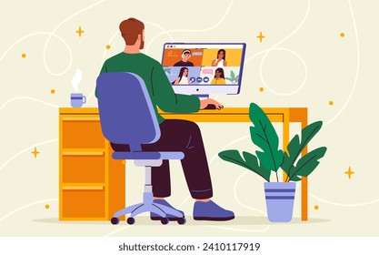 Freelancer working at home. Man sitting at computer. Distance worker work at project. Video conference and teamwork. Young guy with online earnings. Cartoon flat vector illustration