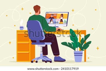 Freelancer working at home. Man sitting at computer. Distance worker work at project. Video conference and teamwork. Young guy with online earnings. Cartoon flat vector illustration