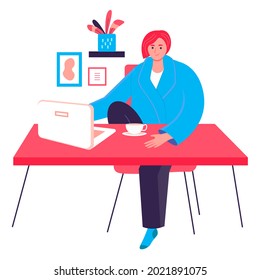 Freelancer working at home office concept. Woman sitting with laptop at desk. Freelance workplace, remote work on project character scene. Vector illustration in flat design with people activities