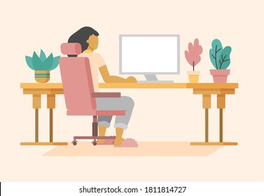 Freelancer working at home office at desk. Flat style cartoon faceless character. Lifestyle, self isolation, pandemic concept. Minimal vector illustration.
