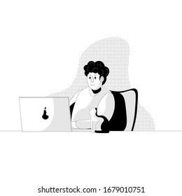 freelancer working at home office with kitten, flat black and white vector stock illustration