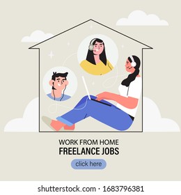 Freelancer working at home office on a laptop and have conversation with clients, partners or coworkers about project. Video or online conference call with fellow distant workers. Freelance job.