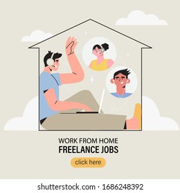 Freelancer working at home office on a laptop and have conversation with clients, partners or coworkers about project. Video or online conference call with fellow distant workers. Freelance job.