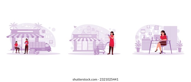 Freelancer is working at home and ready to deliver packages. Women are shopping and checking via smartphone. Beautiful bloggers work on computers and are free to create. Trend Modern vector flat.