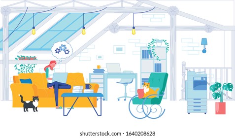 Freelancer Working at Home, Sitting Comfortably on Couch with Laptop, Two Cats Hanging Around. Young Woman Busy, Thinking Over Complicated Problem, Trying to Find Good Solution. Cozy Office in Attic.