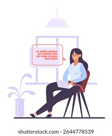 Freelancer que trabalha em casa, sentado confortavelmente em uma cadeira com um notebook sobre as pernas, engajado em enviar mensagens, conversar ou escrever código em um ambiente aconchegante de escritório doméstico