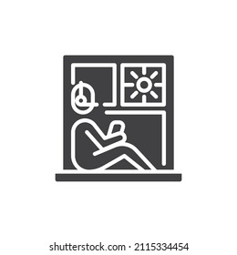 Freelancer working at home vector icon. filled flat sign for mobile concept and web design. Person with laptop at window glyph icon. Symbol, logo illustration. Vector graphics