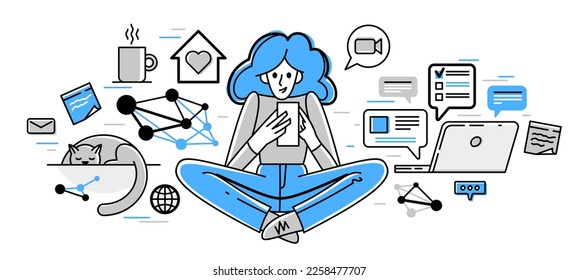 Trabajador independiente trabajando desde la ilustración del contorno del vector del hogar, trabajador autónomo ocupado con trabajo en línea, profesional haciendo algún trabajo creativo en internet.
