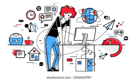 Freiberufler, der von zu Hause aus Vektorgrafik arbeitet, Selbstständiger, der mit Online-Arbeit beschäftigt ist, Profi, der kreative Arbeit im Internet leistet.