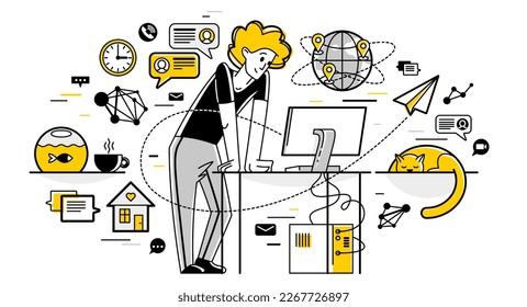 Freelancer working from home vector outline illustration, self-employed person busy with online work, professional doing some creative job on internet.