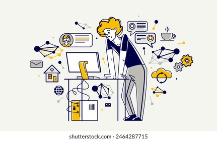 Freelancer working from home vector outline illustration, self-employed person busy with online work, professional doing some creative job on internet.