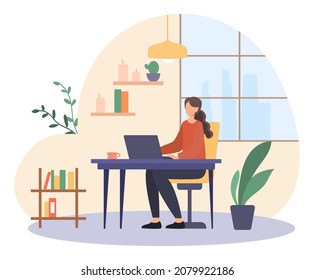 Freelancer working at home. Woman sitting at laptop in cozy atmosphere, room interior. Comfortable workplace, remote employee. Free schedule and responsibility. Cartoon flat vector illustration