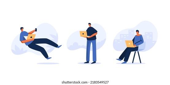 Freelancer working with laptop. 
Employees choose to work remotely from home. flat character. Vector illustration.