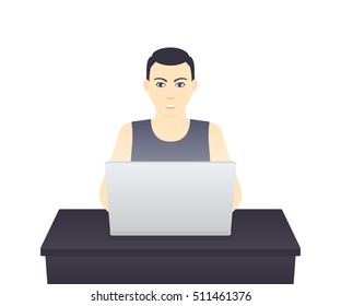 freelancer working with laptop isolated on white, young man at work, vector illustration