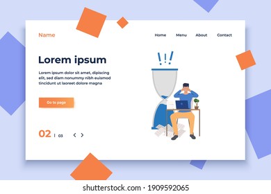 Freelancer working at laptop at night. Sleepy employee touching eyes at laptop, sand glass. Business concept. Illustration can be used for topics like workplace, timing, schedule, deadline