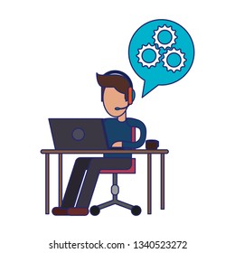 freelancer working with laptop on desk blue lines