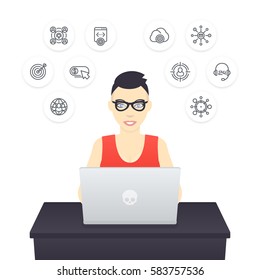 freelancer working with laptop, young cheerful girl in glasses at work, e-commerce, internet marketing
