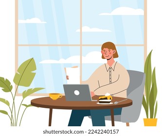 Freelancer working at laptop. Young girl sits in comfortable and cozy apartment, remote employee. Earnings on Internet, modern technologies. Poster or banner. Cartoon flat vector illustration