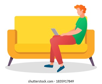 Freelancer working with laptop, young red-haired guy sitting at sofa relaxing, man in casual clothes using computer at couch at home, male and technology, faceless cartoon character isolated at white