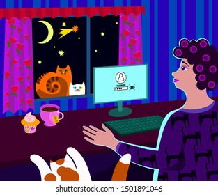 Freelancer working at night concept. Young woman sitting in the room with laptop. Flat design vector illustration.